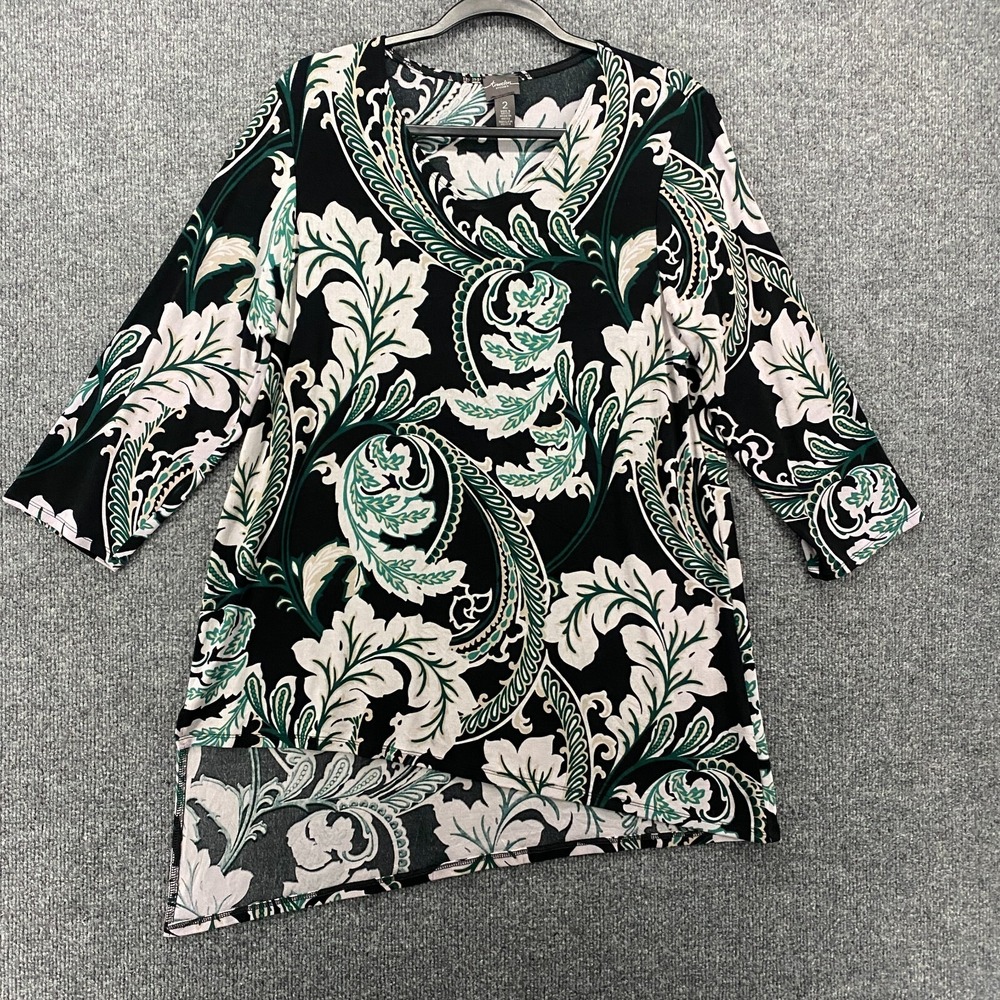 Chicos Travelers Top 2 Womens L Black Leaf Abstract Tunic Asymmetrical Travel